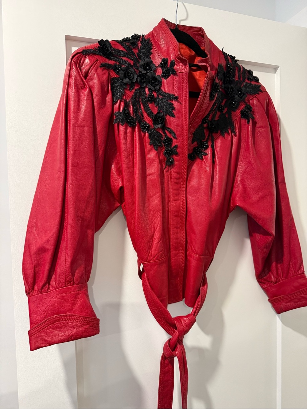 Red Vintage Leather Jacket with Embroidered Detail - Women - Picture 9 of 9
